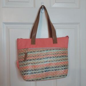 Emma & Chloe Salmon Pink Blue Woven Chevron Insulated Lunch Bag Beachy Coastal
